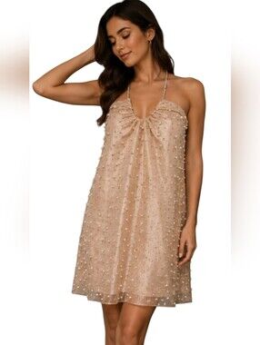 VIOLET Weekend Pearl & Rhinestone Embellished Halter Mini Dress.Champagne 5/6